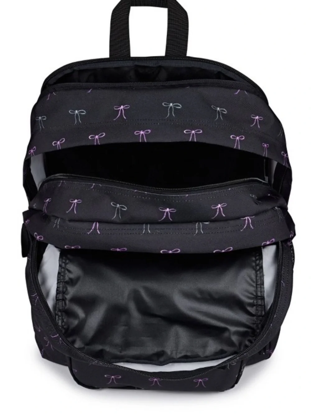 Jansport Big Student Cargo 17.5 backpack black with bows fits 15” laptop NWT